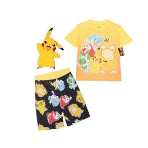 Pokemon Characters Kids Pajama Set - Yellow Top and Black Shorts
